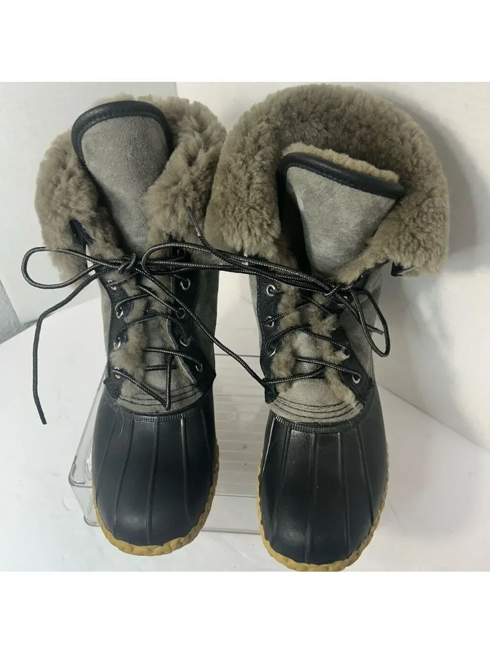 L.L.Bean Leather Wicked Good Shearling Lined Rubber Lace Up Snow Duck Rain Boots